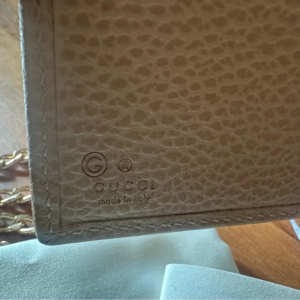 Gucci Beige Trifold Wallet with Gold Accent with gold Chain, Box and Dust Bag